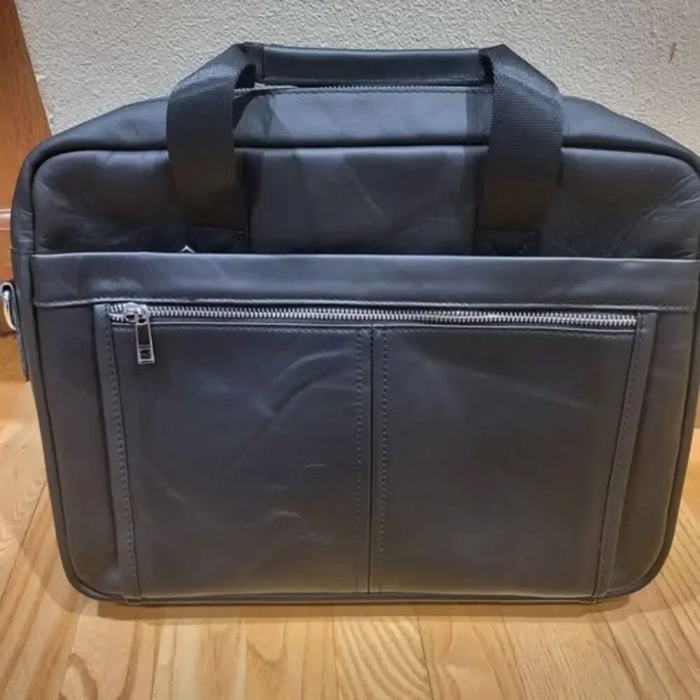 Men’s Genuine Leather Laptop Briefcase Messenger Bag – Black Business Work